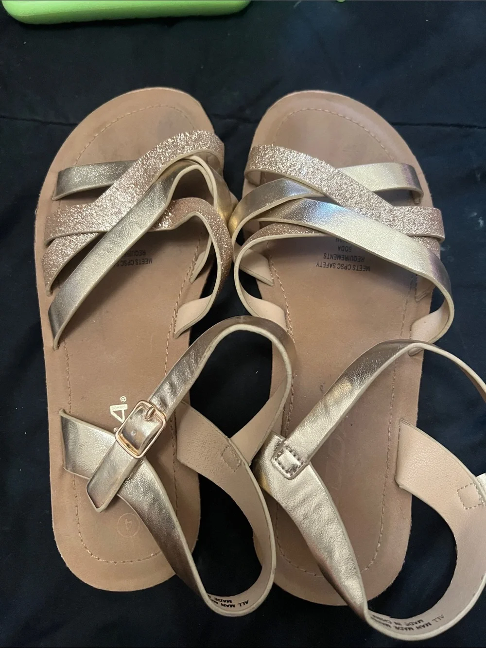 Girls' Metallic Gold Strappy Sandals with Glitter Accents